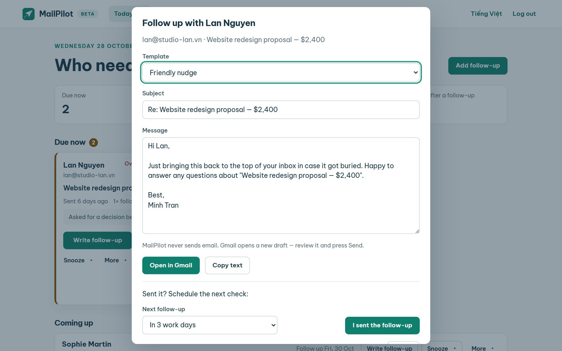 Follow-up composer with a template and an Open in Gmail button