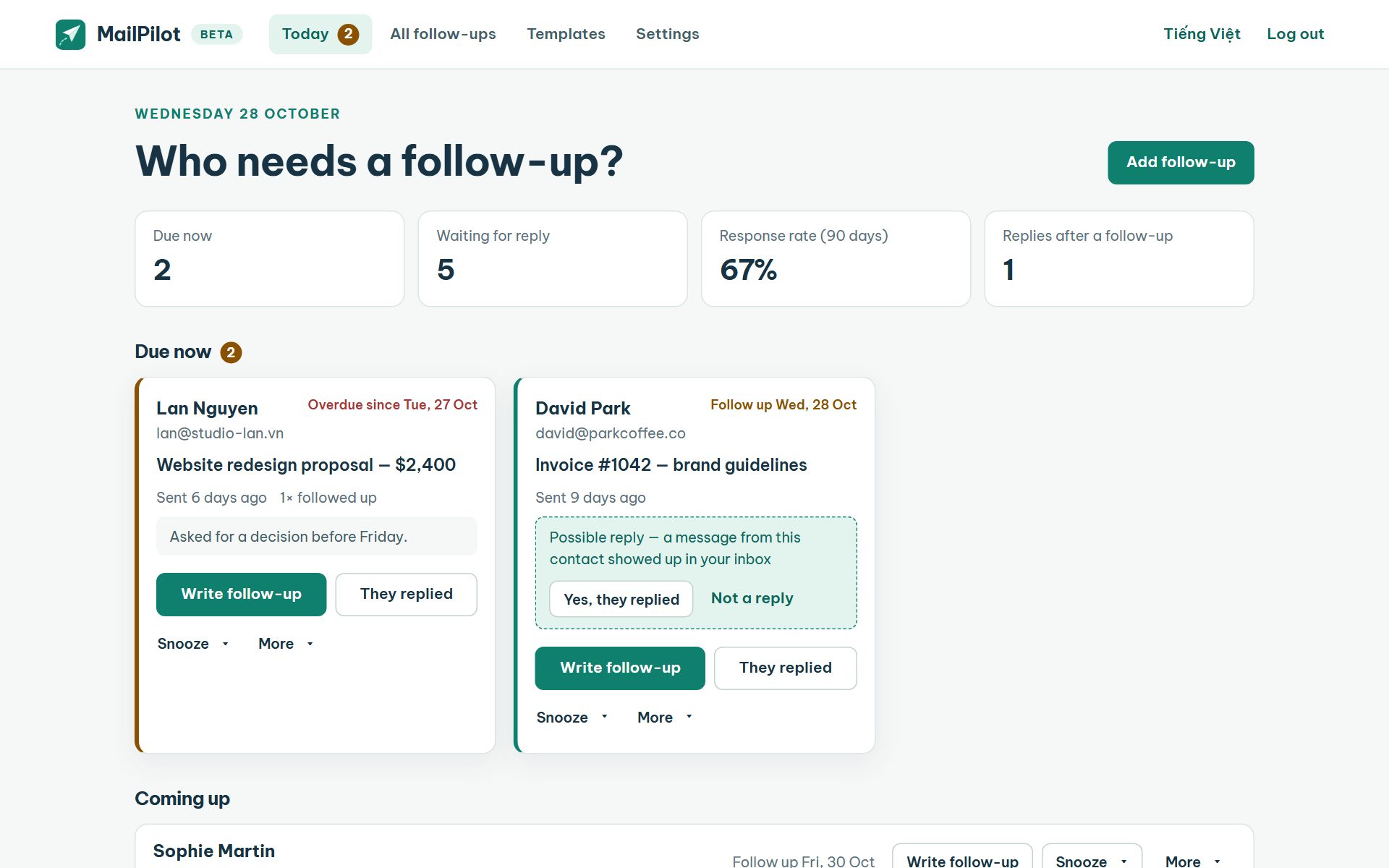 MailPilot Today screen listing follow-ups that are due now and coming up