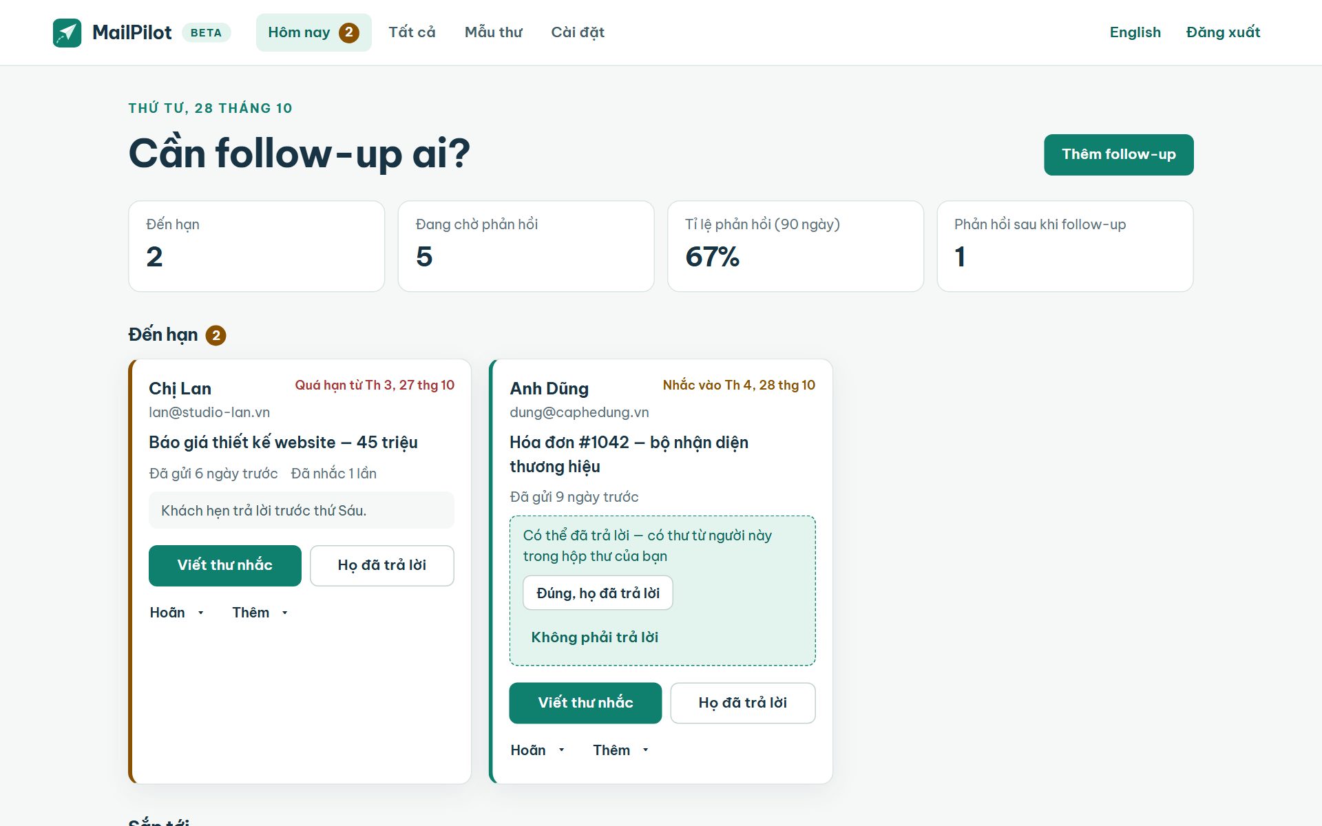 Màn hình Hôm nay của MailPilot liệt kê các follow-up đến hạn và sắp tới